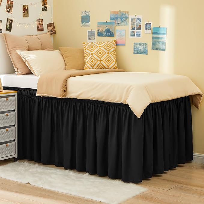 RIMELA Dorm Bed Skirt Twin XL 36 Inch Drop, Easy to Install Extra Long Wrap Around Elastic Dust Ruffle, Black Bedskirt Solid Silky Fabric Machine Washable (Twin XL 80“L x 39”W & Twin 75“L x 39”W)
