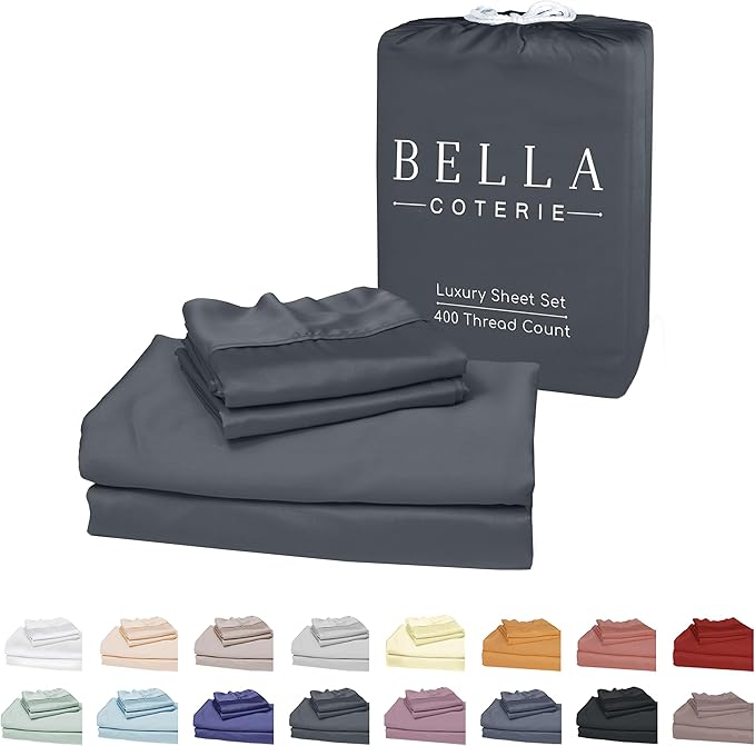 Bella Coterie Luxury Bamboo Viscose Cal King Size Sheet Set | 100% Organically Grown | Ultra Soft | Cooling for Hot Sleepers | 18" Deep Pocket [Charcoal Grey]