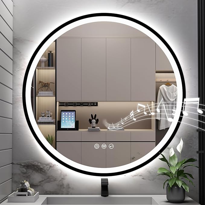 S·BAGNO 32’’ Round Led Bathroom Mirror with Lights, Bathroom Vanity Wall Mirror with Buletooth, Anti-Fog, Stepless Dimmable, 3 Colors, Tempered Glass Lighted Makeup Mirror for Bathroom