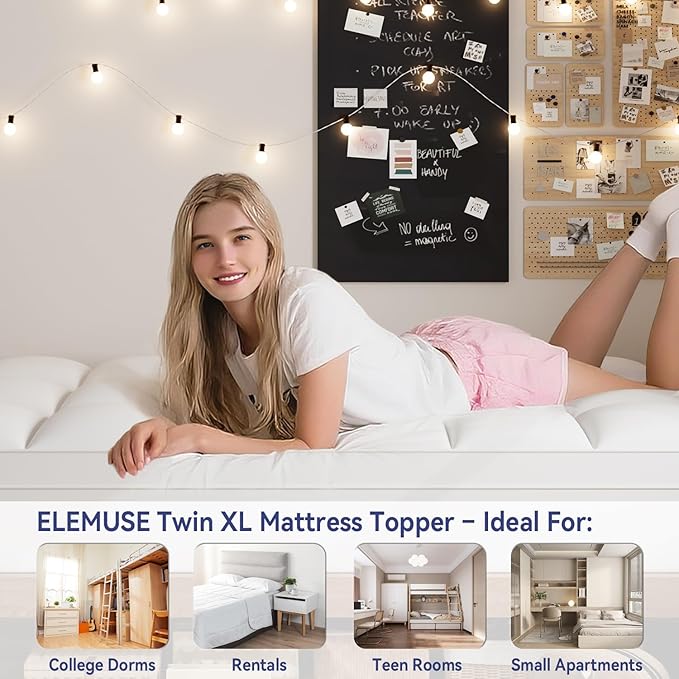 ELEMUSE Twin Mattress Topper for Back Pain, Extra Thick Mattress Pad Cover, Plush Soft Pillowtop with Elastic Deep Pocket, Overfilled Down Alternative Filling