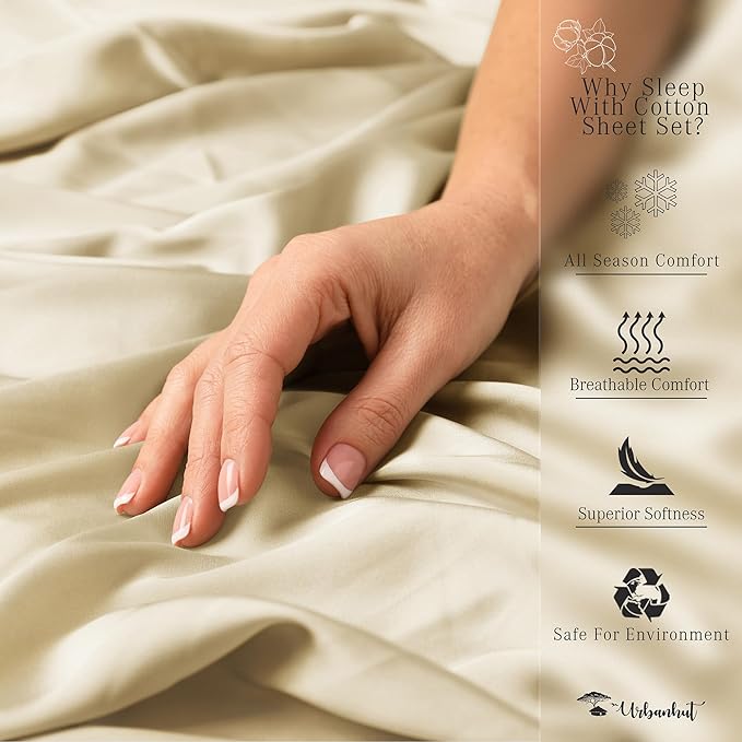 URBANHUT 100% Cotton Sheets - 1000 Thread Count California King Sand Sheet Set (4Pc), Long Staple Cotton Sheets, All Season Sateen Weave, Luxury Hotel Calking Bedsheets,16" Deep Pocket - Sand