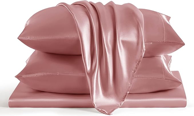 Bedsure Satin Sheets Full Size - 4 Piece Silky Bedsheets with 15 Inches Deep Pocket Fitted Bedsheet,1 Flat Sheet, 2 Satin Pillowcases, Good for Hair & Skin (Full, Coral)