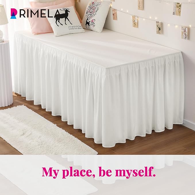 RIMELA Dorm Bed Skirt Twin XL 42 Inch Drop, Easy to Install Extra Long Wrap Around Elastic Dust Ruffle, Warm White Bedskirt Solid Silky Fabric Machine Washable (Twin XL 80“L x 39”W & Twin 75“L x 39”W)