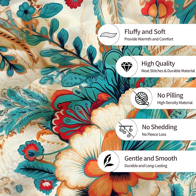 Flowers Blanket Throw, Turquoise Orange Hues Leaves Throw Blanket for Women Men, Soft Lightweight Flannel Fabric, Washable No-Pilling, 60x80 inches