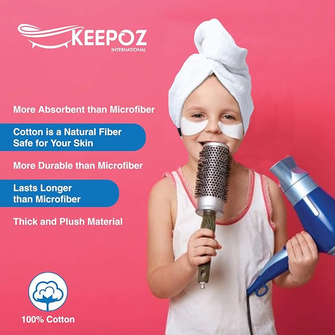 KEEPOZ 100% Cotton Hair Towel Wrap Quick Dry Super Absorbent Turban Head Wrap for Women with Button, Anti Frizz, Hair Cap for Curly, Long & Thick Hair (White, 1 Pc)