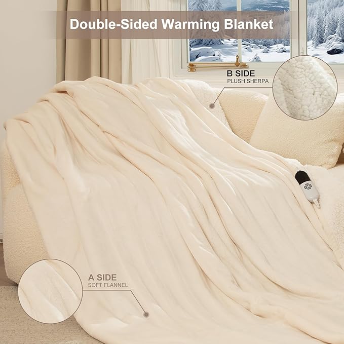 Electric Blanket Full Size 72" X 84" - Flannel Sherpa Heated Blanket with Fast Heating, 6 Heat Settings, 1-10 Hrs Timer Settings, ETL Certified Heating Blanket, Washable, White