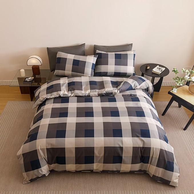 Cottonight Checkered Navy Comforter Set Queen Men Gingham Grid Bedding Set Navy and Khaki Grid Comforter Fluffy Soft Blanket Quilts Modern Cottagecore Comforter with 2 Pillowcases for Queen Bed