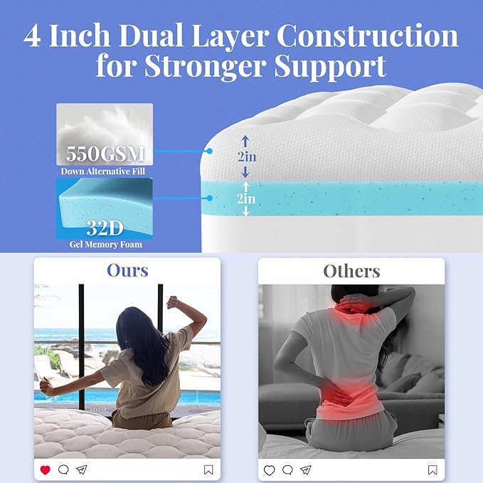 OhGeni Cooling 4 inch Dual Layer King Mattress Topper, 2 inch Cooling Gel Memory Foam, 2 inch Down Alternative Pillow Top Pad, Mattresses Cover for Bed, Medium Support, Fits 6”-19” Deep Pocket