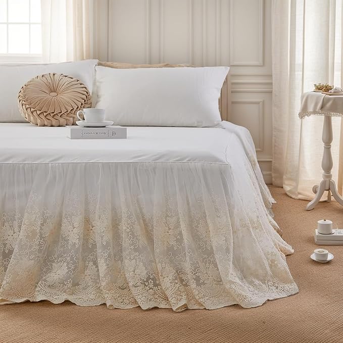 Brandream Lace Bed Skirt Queen Size Cream White 18 Inch Drop Romantic Dust Ruffle Split Corners Bed Sheets Cover Excellent Quality
