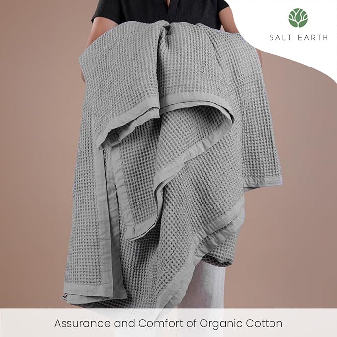 Salt Earth GOTS Certified 100% Organic Cotton Throw Blanket, 60" X 80" Waffle Blankets & Throws for Bed, Throw Blanket for Couch,Modern and Cozy Blanket,All Seasons, Comfy Soft Blanket(Scottish Grey)