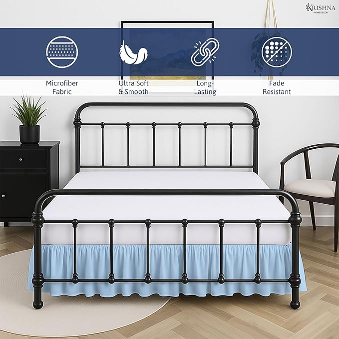 KRISHNA Ruffled Bed Skirt with Split Corners Twin, 100% Microfiber Hotel Quality, 28 Inch Drop Dust Ruffle Gathered Bedskirt with Platform, 39" x 75", Light Blue