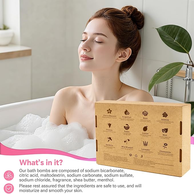 Bath Bombs for Women, 12 PCS Bath Set, Natural Bubble Bathbombs with Shea Butter, Dry Skin Moisturizing, Present for Christmas, Birthday, Valentine’s Day for Mom, Wife, Her, Girls