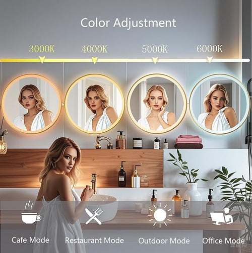 32 Inch Wall-Mounted Round Bathroom Mirror with LED-Lights - Frame Vanity Mirrors with Dimmable (32" x 32", Gold)