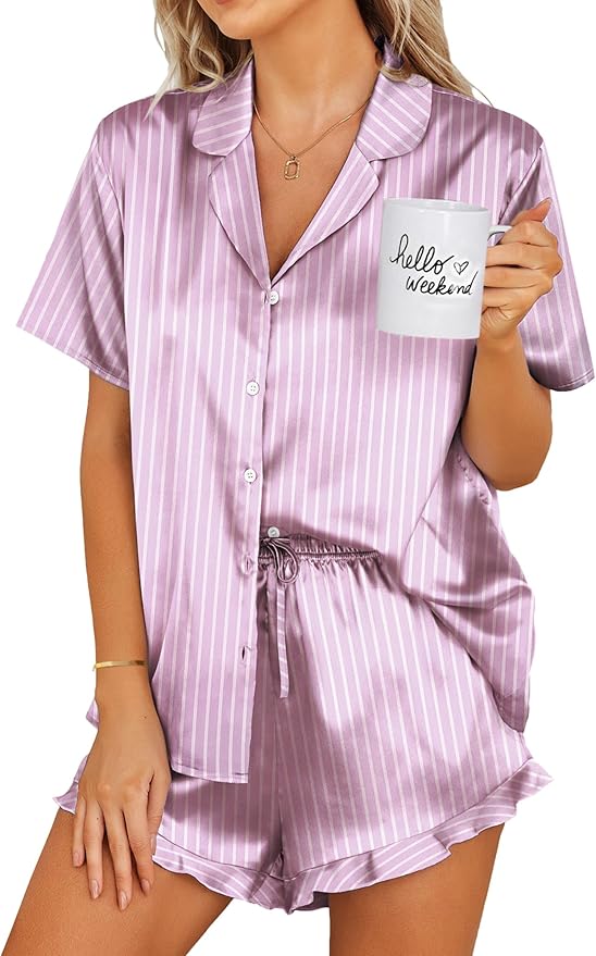 Ekouaer Womens Satin Pajamas Set Button Down 2 Piece Silk Pjs Shorts Set Ruffle Lingerie Notch Collar Sleepwear