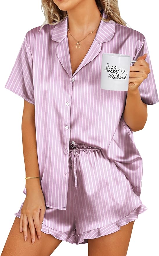 Ekouaer Womens Satin Pajamas Set Button Down 2 Piece Silk Pjs Shorts Set Ruffle Lingerie Notch Collar Sleepwear