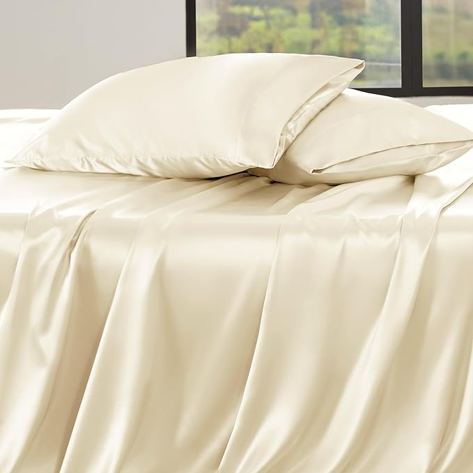 Bedsure Satin Sheets Full Size - 4 Piece Silky Bedsheets with 15 Inches Deep Pocket Fitted Bedsheet,1 Flat Sheet, 2 Satin Pillowcases, Good for Hair & Skin (Full, Cream)