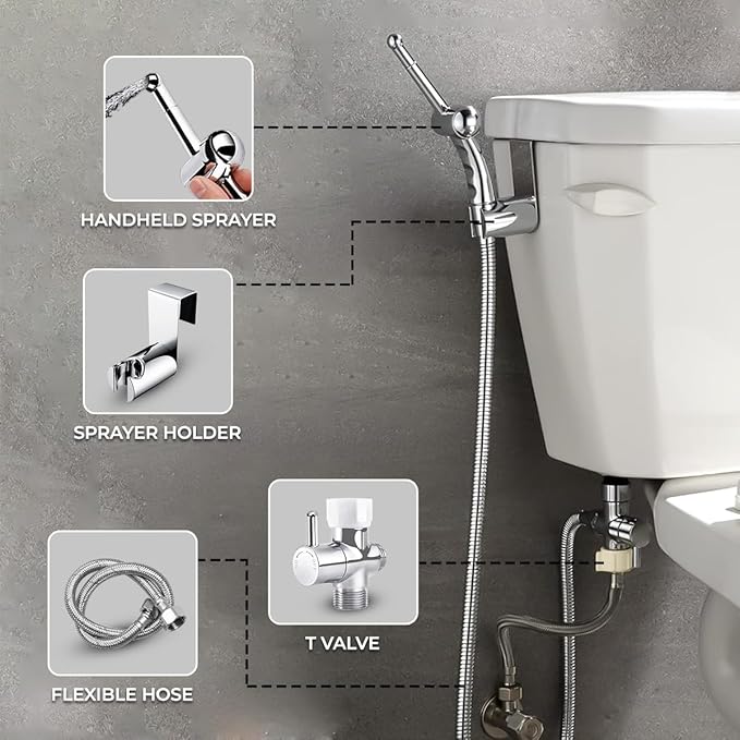 GenieBidet Sparkle Hand Held Bidet Sprayer - Includes Hybrid T Adapter & Stainless Steel Toilet Hose & Precision Knob/w Solid Brass Valve