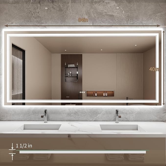 Bathroom Mirror with Lights 40"X84" with Front Light and Backlit, Tempered Glass, Wall Mount Horizontal/Vertical, Stepless Dimmable, 3 Colors, Anti Fog, Bathroom Memory LED Mirror