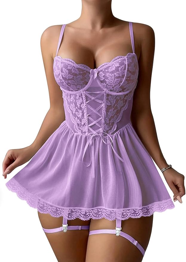 Lilosy Sexy Garter Belt Mesh Lace Babydoll Lingerie Dress Set with Thong