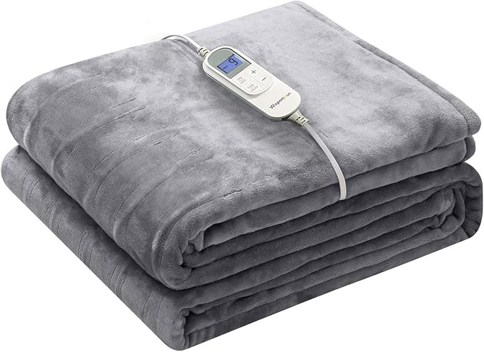 Wapaneus Heated Blanket Electric Throw 62" x 84" Twin Size with 10 Heat Levels and 12 Hours time Settings, Flannel Fast-Heating, ETL Listed, Machine Washable,Light Grey