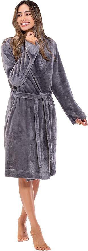 Turquaz Robes For Women, Womens Fleece Shawl Collar Soft Plush Knee Length Spa Robe