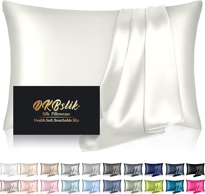 Mulberry Silk Pillow Cases Standard Size, Silk Pillowcase for Hair and Skin, Anti Acne Cooling Sleep Both Sides Natural Silk Satin Pillow Covers with Hidden Zipper, Gifts for Women Men, Ivory