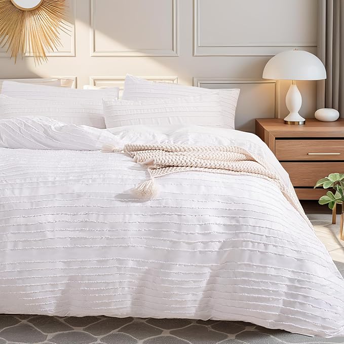 NEXHOME PRO Duvet Cover Full Size, White 3 Pieces Boho Tufted Duvet Cover Set, Soft and Lightweight Microfiber Comforter Cover Set for All Season (White Full, 80 x 90)-No Comforter