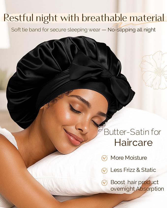 YANIBEST Silk Hair Bonnet for Sleeping, Double Layer Hair Bonnet with Elastic Tie Band for Curly Natural Hair Reduce frizz