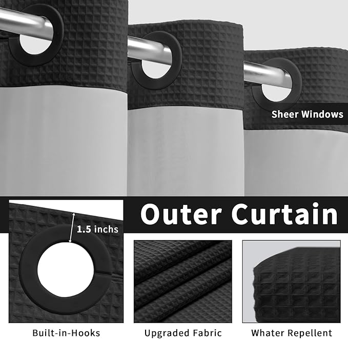 YellyHommy No Hook Shower Curtain and Liner Set Less Time Black Waffle Cotton Hotel Shower Curtain with Snap in Liner 72" Wx 75" L
