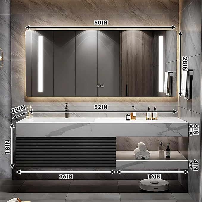 Bathroom Vanity 52 inch, Single Sink Floating Vanity Set Includes Anti-Fog LED Mirror Cabinet, Slate Countertop and Wall-Mount Sink Cabinet, Modern Bathroom Vanities(Greyish Black)
