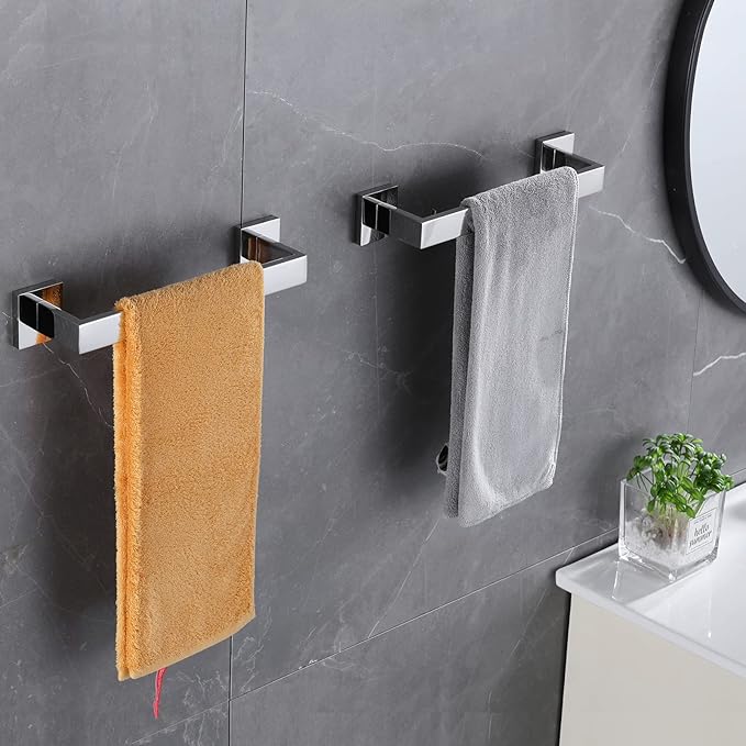 LANC 12-Inche 2-Pack Bathroom Towel Bars,Silver Kitchen Bath Accessories Total-14 Square Towel Rack Heavy Duty Chrome Polished Stainless Steel Wall Mounted Modern Towel Holder,A8804-3CP