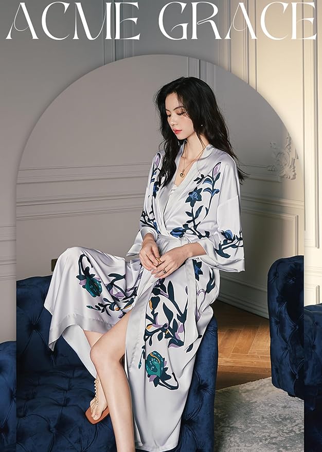 Silk Satin Robe for Women Long Japanese Kimono Robe Lightweight Soft Bathrobe Floral Luxury Dressing Gown