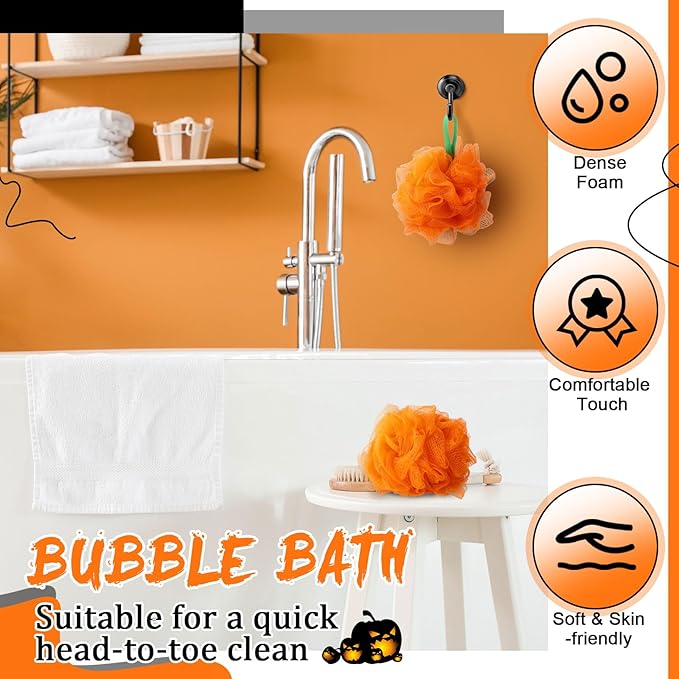 12 Pcs Thanksgiving Bath Loofah Sponge Orange Harvest Loofah Exfoliating Body Scrubber Shower Sponge 50g Mesh Shower Pouf Balls Gift Set for Women Men Bathing Accessories(Orange)