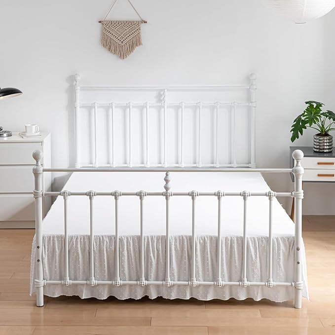Tufted Dot Bed Skirt Full Size Ruffled Bed Skirt with Split Corners, 12 Inch Drop Dust Ruffle Bed Skirts with Platform, White