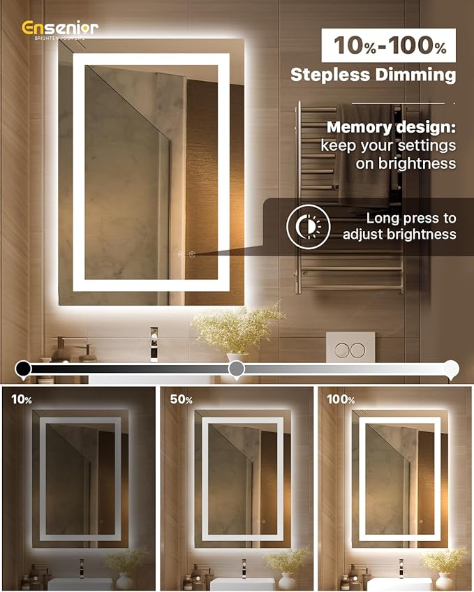 Ensenior LED Bathroom Mirror 30"x 36" with Front and Backlight, Stepless Dimmable Wall Mirrors with Anti-Fog, Shatter-Proof, Memory, 3 Colors, Modern LED Vanity Mirror-FCC