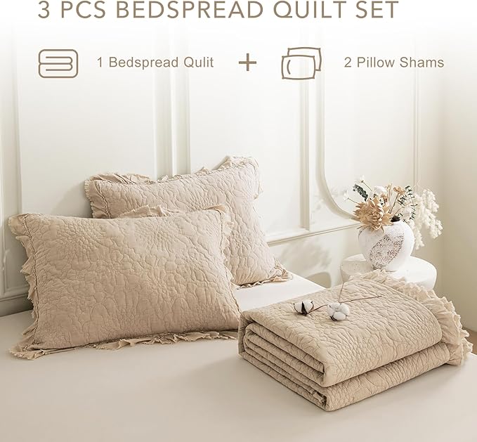 QSH 3PCs Stonewashed Cotton Quilt King (110"x98"), Dark Wheat Ruffled Quilt King Size Bedding Set,Ultra Lightweight Soft Crinkled Bedspread Coverlet King Shabby Farmhouse Chic Bedding for All Seasons