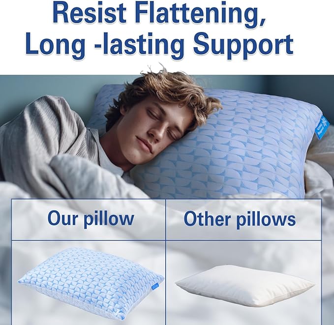 QUTOOL Firm Pillow King Size Shredded Memory Foam Pillows, Adjustable Cooling Pillow for Side Sleeper, Supportive Fluffy Bed Pillows for Sleeping with Washable Cover, Gift for Dad Mom