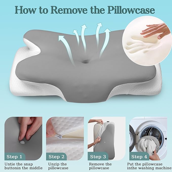 Cervical Neck Pillow for Sleeping,Memory Foam Pillows for Neck Pain Relief,Ergonomic Neck Support Contour Pillow for Side Back Stomach Sleepers,Orthopedic Breathable Pillowcase(Light Grey)