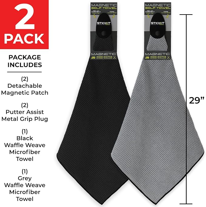 STICKIT Magnetic Golf Towel Gray and Black 2-Pack | Top-Tier Microfiber Golf Towel with Deep Waffle Pockets | Industrial Strength Magnet for Strong Hold to Golf Carts or Clubs