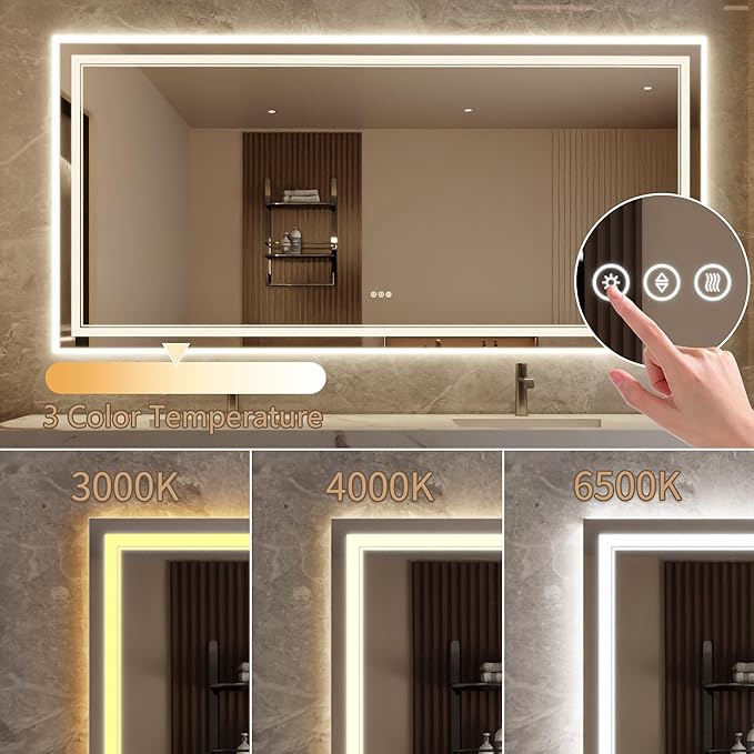 Bathroom Mirror with Lights 40"X84" with Front Light and Backlit, Tempered Glass, Wall Mount Horizontal/Vertical, Stepless Dimmable, 3 Colors, Anti Fog, Bathroom Memory LED Mirror