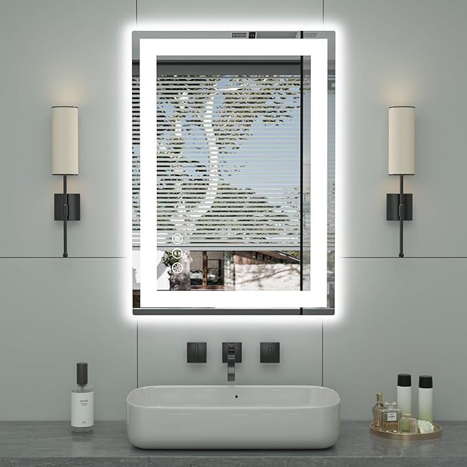 20"x 28" LED Bathroom Mirror with Front and Backlight, Stepless Dimmable Bathroom Mirrors with Anti-Fog, Lighted Bathroom Vanity Mirror for Wall, Shatter-Proof Led Mirror for Bathroom