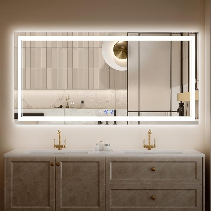 28"x60" LED Bathroom Mirror with Lights, Anti-Fog, Backlit + Front Lit, Dimmable, Led Vanity Mirror for Wall, Lighted Bathroom Mirror, 3 Colors, Shatter-Proof Tempered Glass