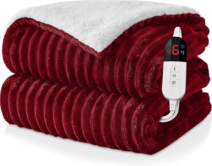Electric Heated Blanket Queen Size Dual Control - 84"x90" Fast Heating Bed Blankets with 6 Heating Levels & 10 Hours Auto Off, Soft Ribbed Flannel, Over-Heat Protection ETL, Red