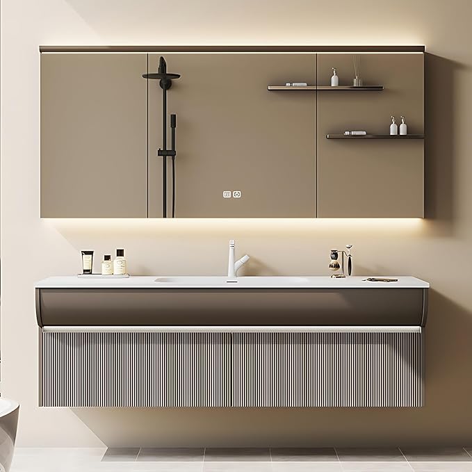 Solid Wood Bathroom Vanity Set - Wall Mounted Bathroom Cabinet with Light, Mirror with Light & Defog, Exquisite Accessories (Mirror Cabinet Style, 36'')