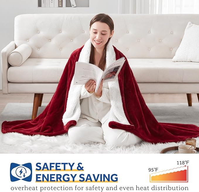 SEALY Heated Throw Blanket, Flannel & Sherpa Cozy Soft Electric Throw with 6 Heat Settings & 2-10 Hours Auto Shut Off, Machine Washable, 50x60 Inch, Burgundy