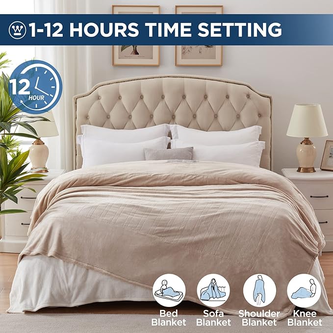 Westinghouse Electric Blanket Queen Size, Super Cozy Soft Flannel 84"" x 90"" Heated Blanket with 10 Fast Heating Levels & 1-12 Auto-Off, Machine Washable, ETL&FCC Certification, Beige