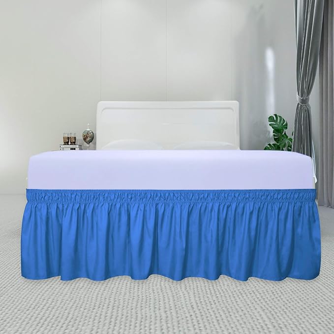 PureFit Wrap Around Ruffled Bed Skirt with Adjustable Elastic Belt - 18 Inch Drop Easy to Put On, Wrinkle Free Bedskirt Dust Ruffles, Bed Frame Cover for Twin,Twin XL and Full Size Beds, Blue