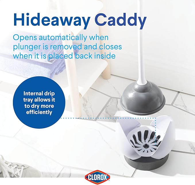 Clorox Toilet Plunger with Hideaway Caddy, Set of 2 – for Bathroom Organization and Storage, Bathroom Accessories, Toilet Unclogger, with Holder, White