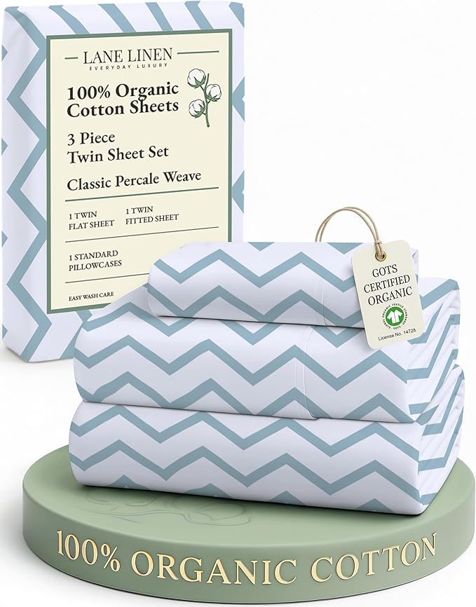 LANE LINEN 100% Organic Cotton Twin Size Bed Sheets, Fully Elasticized Mercerised Cotton Naturally Cooling Twin Bed Sheets Machine wash Ecor Friendly Prined Deep Pocket Sheets -Chevron Design