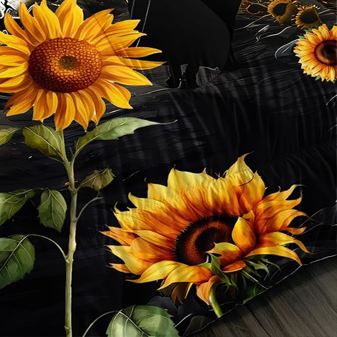 Skull Comforter Set for Gothic Decor Bedroom,Sunflower Floral Bat Print Bedding King Size Comforter Set for Kids Boys Girls,Dark Night Halloween Horror Bedding Set with 2 Pillowcases.